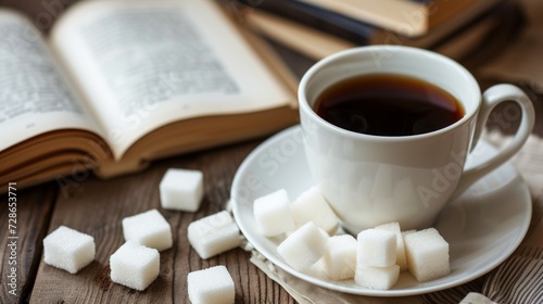 coffee with sugar cubes and book