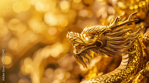 A powerful golden dragon captured in a dynamic pose with a fiery bokeh background, symbolizing strength and good fortune.