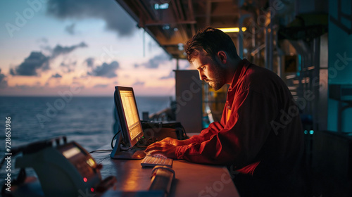 A focused marine engineer in safety gear works on navigation equipment aboard a vessel during a tranquil sunset. photo