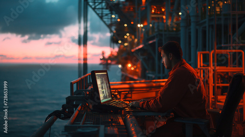 A focused marine engineer in safety gear works on navigation equipment aboard a vessel during a tranquil sunset.