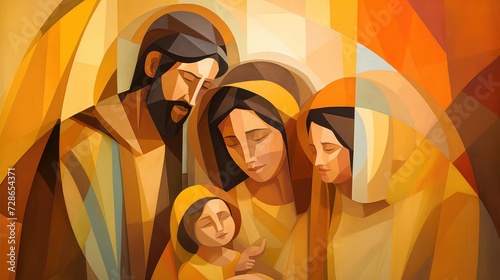 An abstract art print of the holy family in polygonal shape, in the style of cubist-inspired abstractions, 