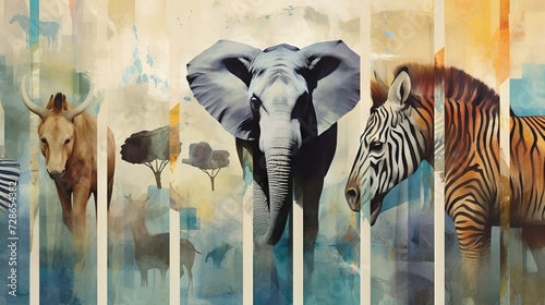 abstract elephant with elements of geometry and graffiti. The animal is depicted in a realistic manner, the background is made in the style of modern art. Concept: combinations of nature and urbanizat photo