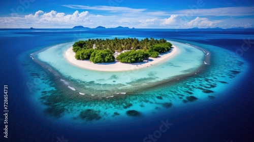 An island in the middle of the sea, surrounded by blue water and white sand, deep color, colorism,  © Dara