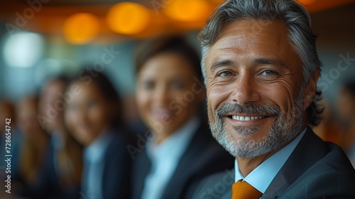 The businessman is smiling cheerfully while he waits in the meeting room with his colleagues. The businessman is working together with his colleagues.