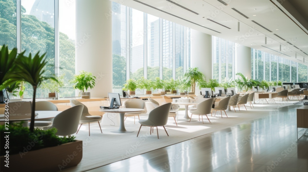 Fototapeta premium Modern office with natural light, green plants, and city view