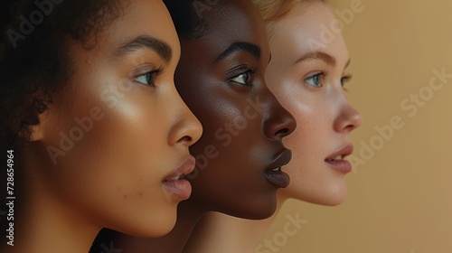 A multi-ethnic group of women with different colored skin against a beige background. African, Caucasian, and Asian women.