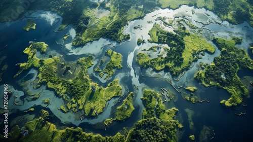aerial view of a river delta with lush green vegetation and winding waterways 