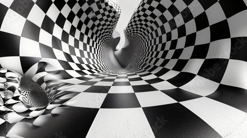 Black and white race flag chessboard with a trippy, hippie, wavy look from the 1970s. photo