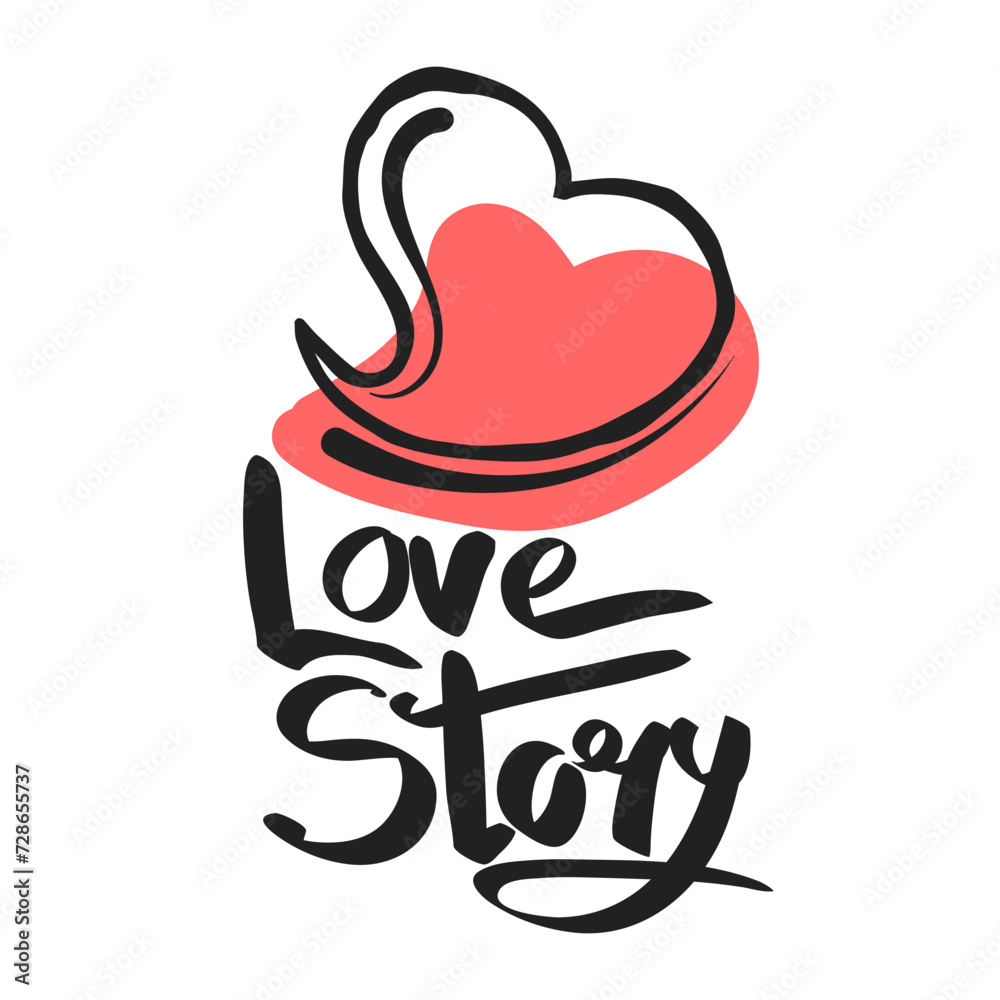 Heart, hand drawing. Love story lettering. Happy Valentine's Day card, vector illustration isolated on white background.