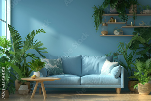 Home interior mock-up with blue sofa, wooden table and decor in blue living room, with many plants © Kien