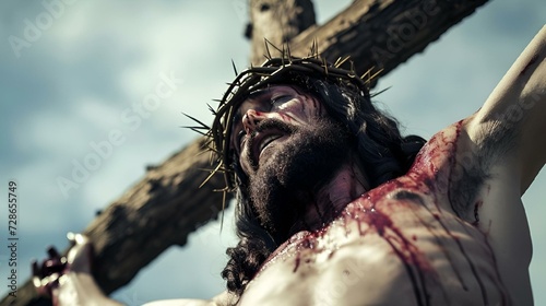 Ancient crucifixion of Jesus, with blood dripping down, AI-generated.