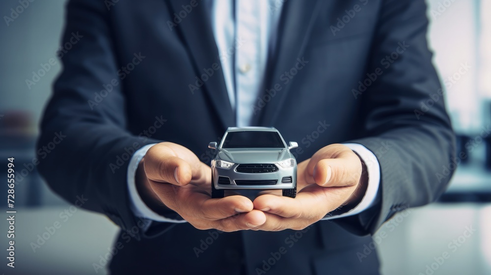 Businessman holding a car, group of peoples is blurry background Businessman holding a car, group of peoples is blurry background