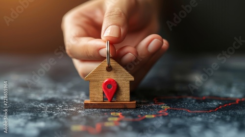 The key to location, hand clutching a house keychain, with a pin pointing to home.