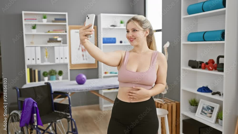 A confident young woman takes a selfie in a modern rehabilitation clinic filled with medical equipment. A confident young woman takes a selfie in a modern rehabilitation clinic filled with medical equipment.