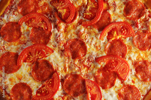 Baked pepperoni and tomato pizza sits invitingly on a wooden serving board. Texture © Алексей Филатов