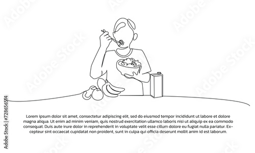 One continuous line design of young man eating nutritious food. Single line decorative element drawn on white background.