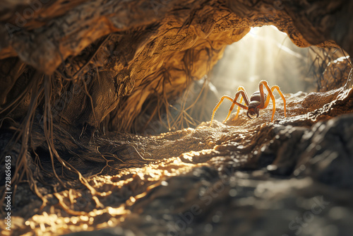 Spider crawling in the cave. Dangerous insect from fairytale