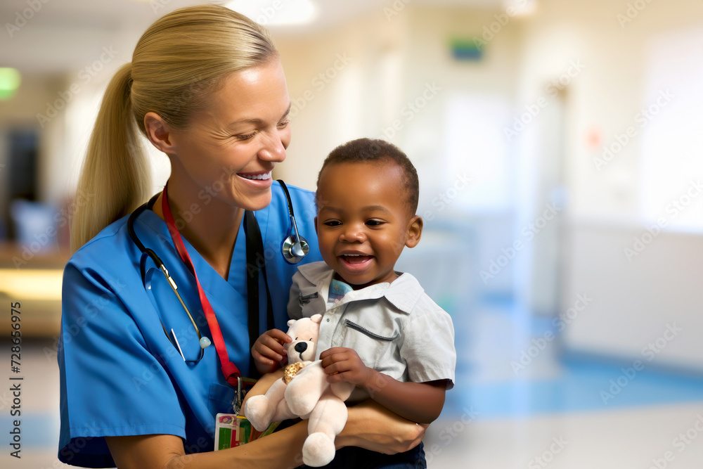 An African American ethnicity happy boy sitting in the nurse's arms during a health checkup in a modern pediatric hospital, clinic. Children healthcare, baby wellness concept. Copy space. Horizontal