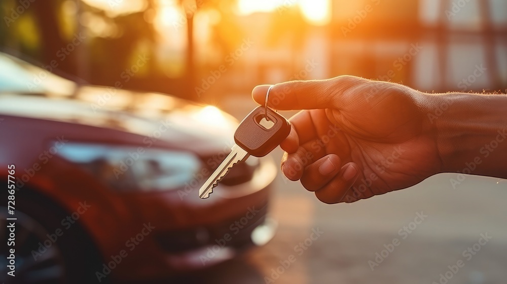 Closeup hand getting key in the car. Concept of rent car or buying car  - obrazy, fototapety, plakaty 