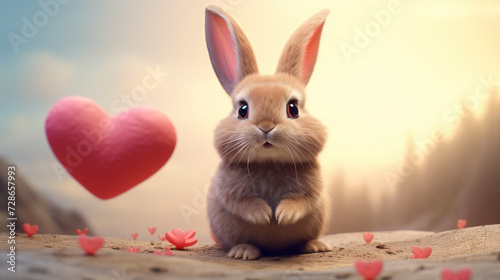 Cute fluffy rabbit hugging red heart. Valentine's Day greetings from romantic bunny holding heart. ,.