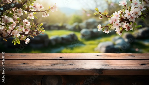 cherry blossom tree in bloom during spring time and a wooden bench. spring background. wooden bench in nature for presentation purposes. Sunshine on sakura tree in a park