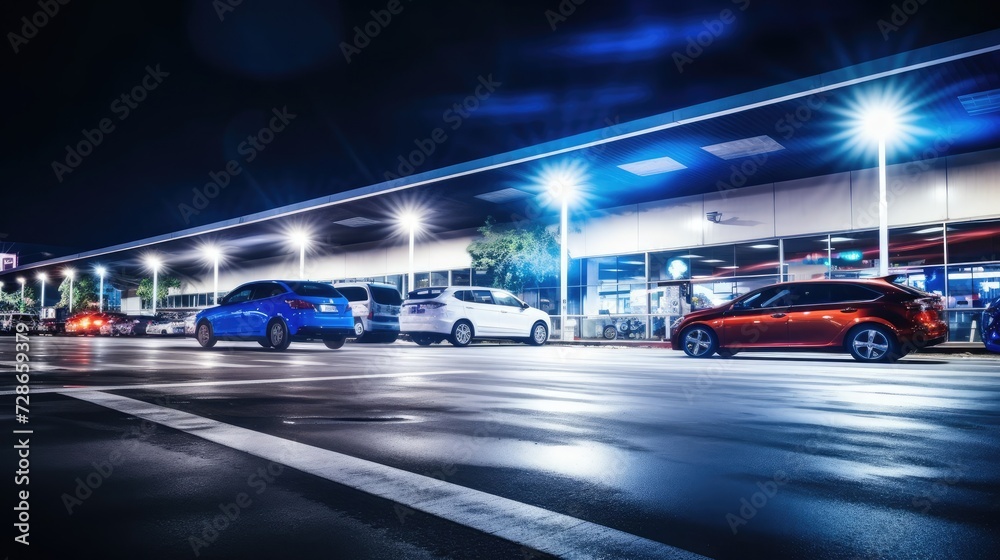 In the car showroom in the middle of the night, the cars are shining in the light,