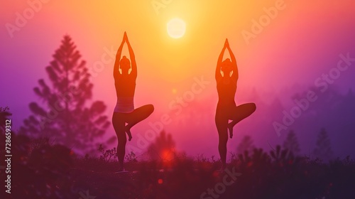 two people doing yoga poses in nature, orange and purple background gradient, blur photo