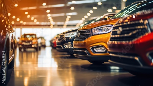 In the car showroom, all kinds of new cars are arranged neatly, Extreme closeup, long exposure, new objectivity,  © Thuch
