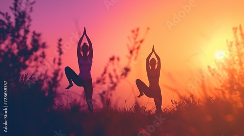 two people doing yoga poses in nature, orange and purple background gradient, blur