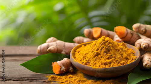 Turmeric (curcumin) powder and fresh rhizome with turmeric plant background  photo