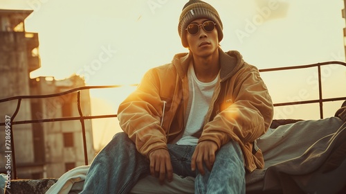 Filipino man, wearing street clothes, beanie and sunglasses, sitting on an old couch, wearing sneakers, in an old sandy loft in Manila, golden hour