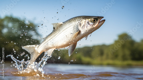 A fish jumps and splashes in a lake or pond. Fishing concept. Background with selective focus.

