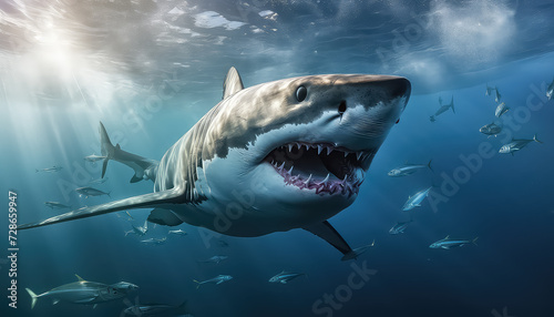 Great white shark in blue sea