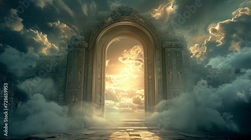 Majestic door illuminated by heavenly light, set against an ethereal, celestial background, symbolizing divine authority