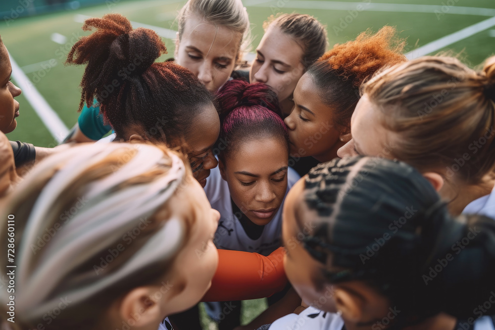 Fototapeta premium Unified Female Soccer Team in Pre-Game Huddle