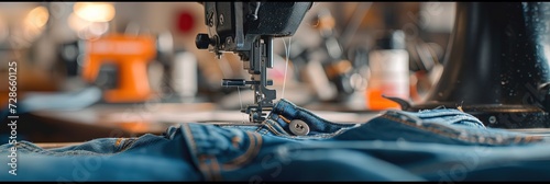 Industrial sewing machine stitching denim blue jeans in the factory photo