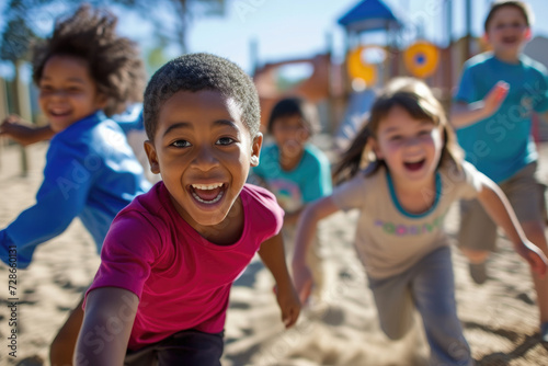Joyful African American Boy Playing with Friends at Playground