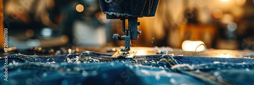 Industrial sewing machine stitching denim blue jeans in the factory