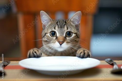 A cute pretty cat is sitting hungry at the table in front of an empty plate photo