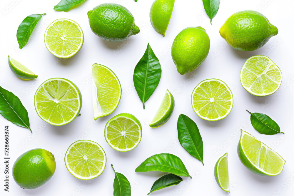 Lime fruits with slices and green leaves isolated on white background. Top view. Flat lay.