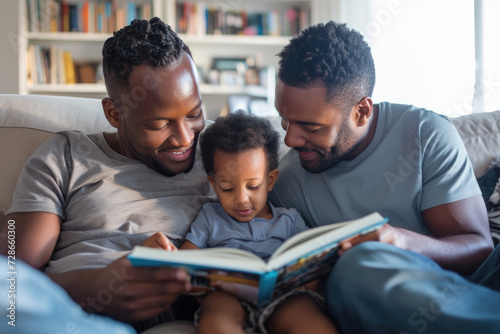 Two African American Fathers Reading Book with Child at Home photo