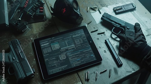 A tablet with on-screen notes located on a desk surrounded by a pistol, a gas mask, and a knife.