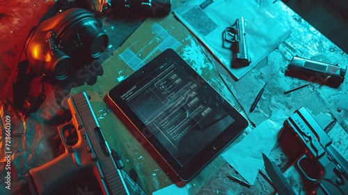 A tablet with on-screen notes located on a desk surrounded by a pistol, a gas mask, and a knife. photo