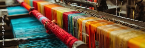 A loom weaving colorful yarn on an industrial scale photo