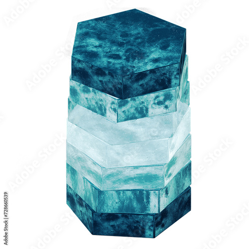 Turquoise crystal, blue hexagonal stone no background with luminescent effect like an infinity stone with patchy texture, rendered product, suitable for fantasy cover design style, acquamarina photo