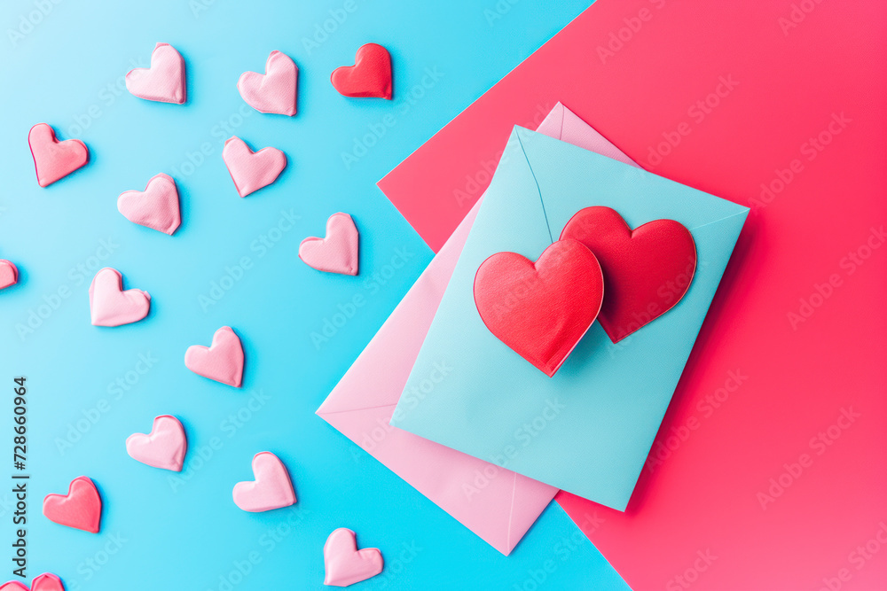 Love card on paper with hearts. Flat lay, top view, colourful background.