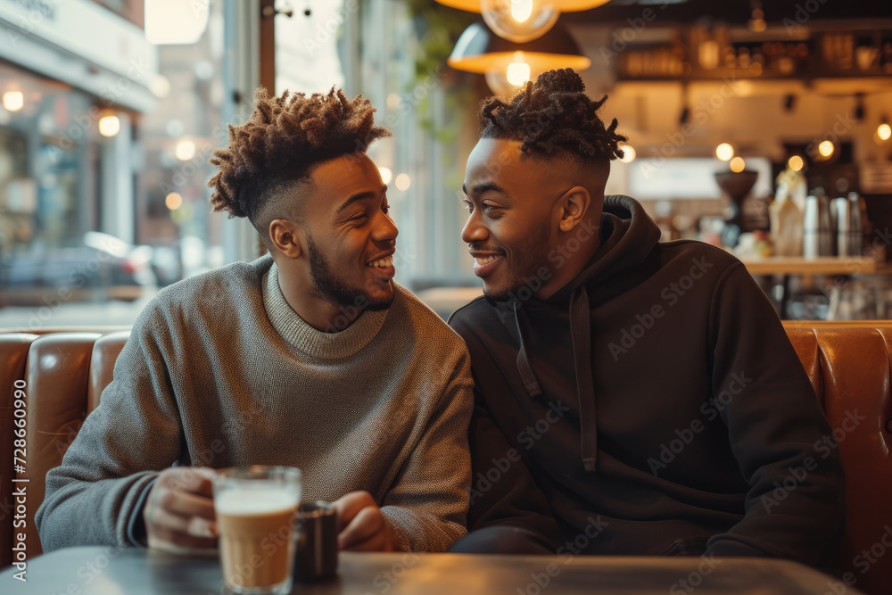 African American Male Same-Sex Couple Sharing a Warm Moment in Café