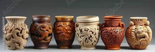 Canvas Print Clay pots with intricate designs made of natural adobe clay unglazed ceramics fo