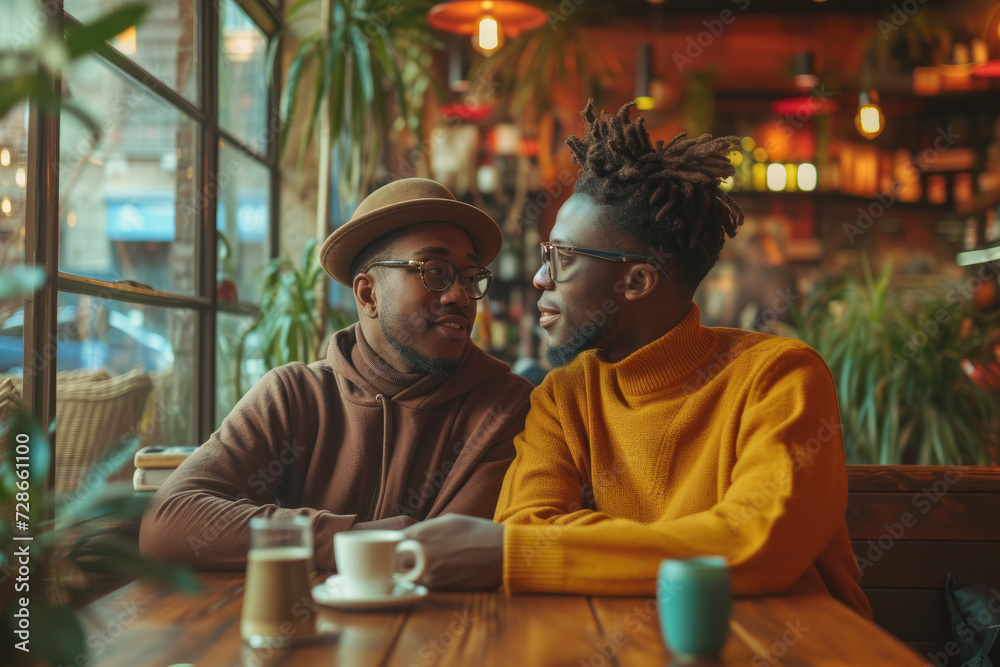 Same-Sex African American Male Couple Sharing a Moment in a Café Same-Sex African American Male Couple Sharing a Moment in a Café