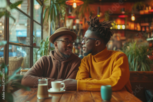 Same-Sex African American Male Couple Sharing a Moment in a Café